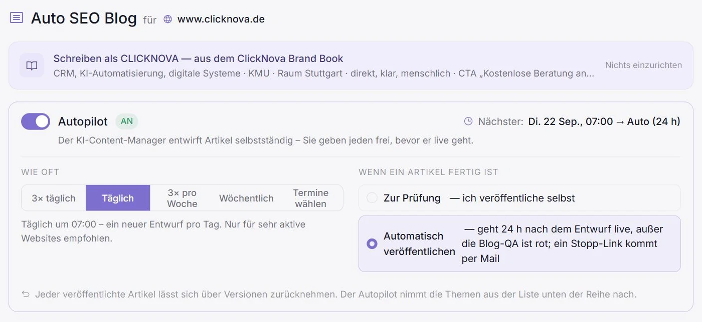 Auto SEO Blog im ClickNova Studio: Autopilot mit Häufigkeit und Freigabe-Modus