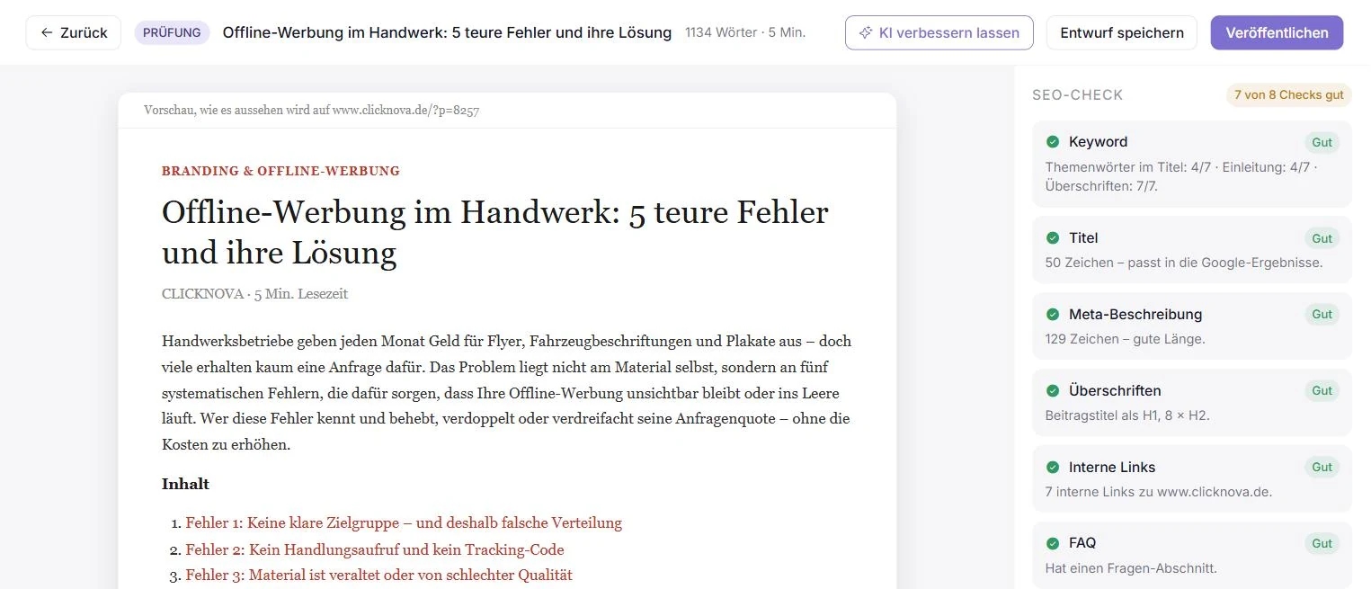 Auto SEO Blog: Artikelentwurf in der Vorschau mit SEO-Check vor der Freigabe