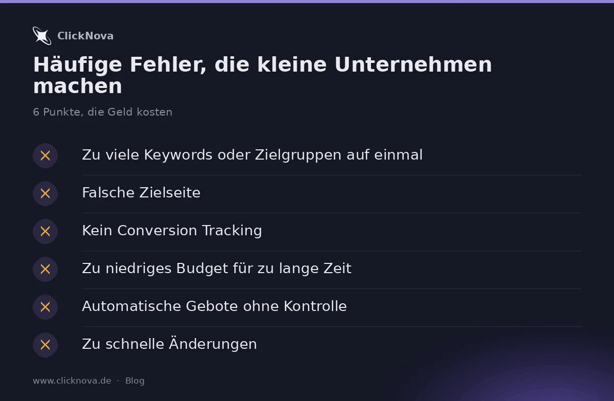 Infografik: Häufige Fehler, die kleine Unternehmen machen – Zu viele Keywords oder Zielgruppen auf einmal, Falsche Zielseite,
