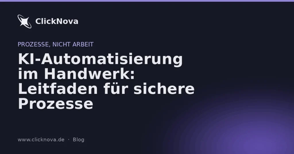 Grafik zeigt Handwerker mit Tablet, KI-Automatisierung in CRM-Oberfläche, Freigabe-Workflow