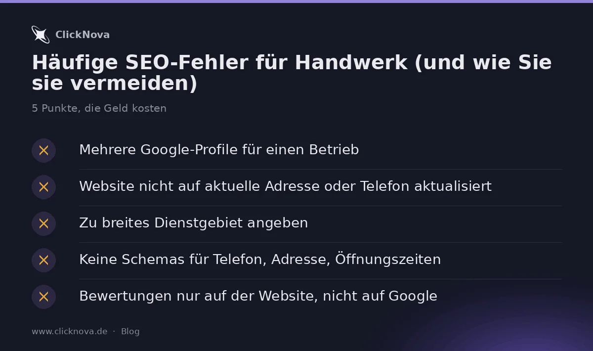 Infografik: Häufige SEO-Fehler für Handwerk (und wie Sie sie vermeiden) – Mehrere Google-Profile für einen Betrieb, Website n