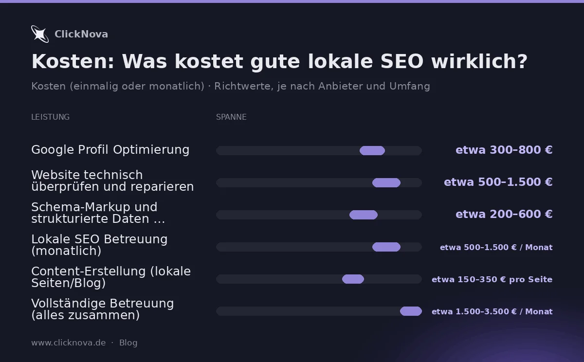 Infografik: Kosten: Was kostet gute lokale SEO wirklich? – Richtwerte – Google Profil Optimierung, Website technisch überprüf