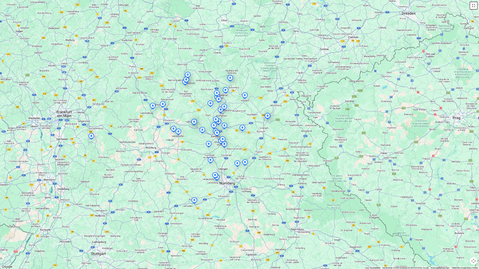 Karte des Einzugsgebiets: Aufträge verteilt über Ober- und Mittelfranken zwischen Bamberg, Nürnberg, Coburg und Kronach