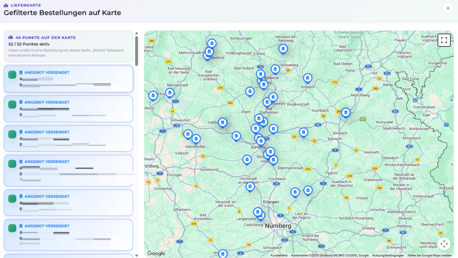 Lieferkarte im CRM: gefilterte Bestellungen mit Liste und Kartenpunkten – Kundendaten unkenntlich gemacht