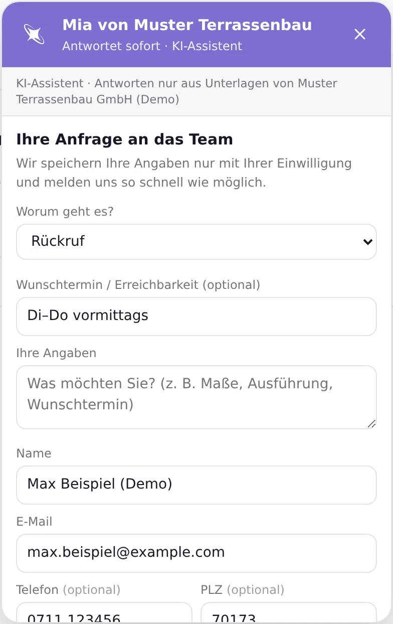 Chat: Anfrage an das Team mit Einwilligung (Demo-Daten)