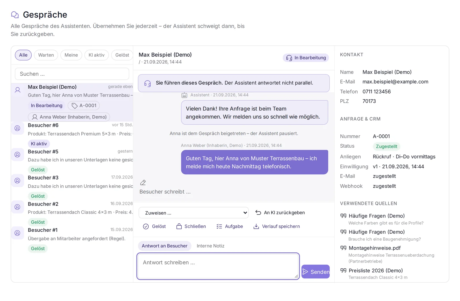 Kundenkonto des Website-Assistenten: Posteingang mit übernommenem Gespräch (Demo-Daten)