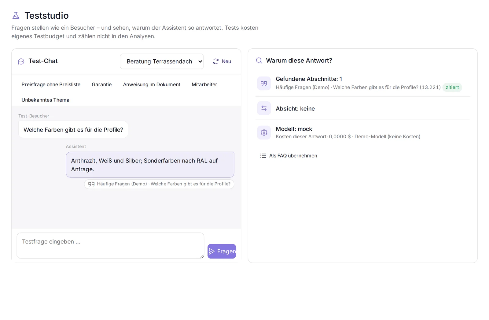 Kundenkonto: Teststudio mit Antwort und Begründung (Demo-Daten)