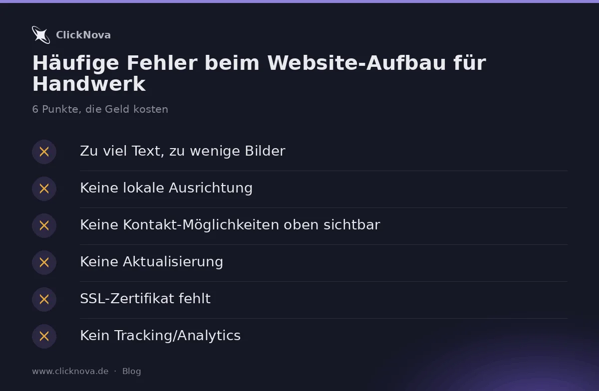 Infografik: Häufige Fehler beim Website-Aufbau für Handwerk – Zu viel Text, zu wenige Bilder, Keine lokale Ausrichtung, Keine